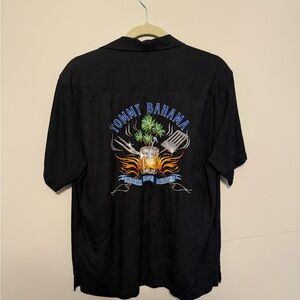 Tommy Bahama Shirt Mens L Black Geometric Silk Hawaiian Grill and Chill
